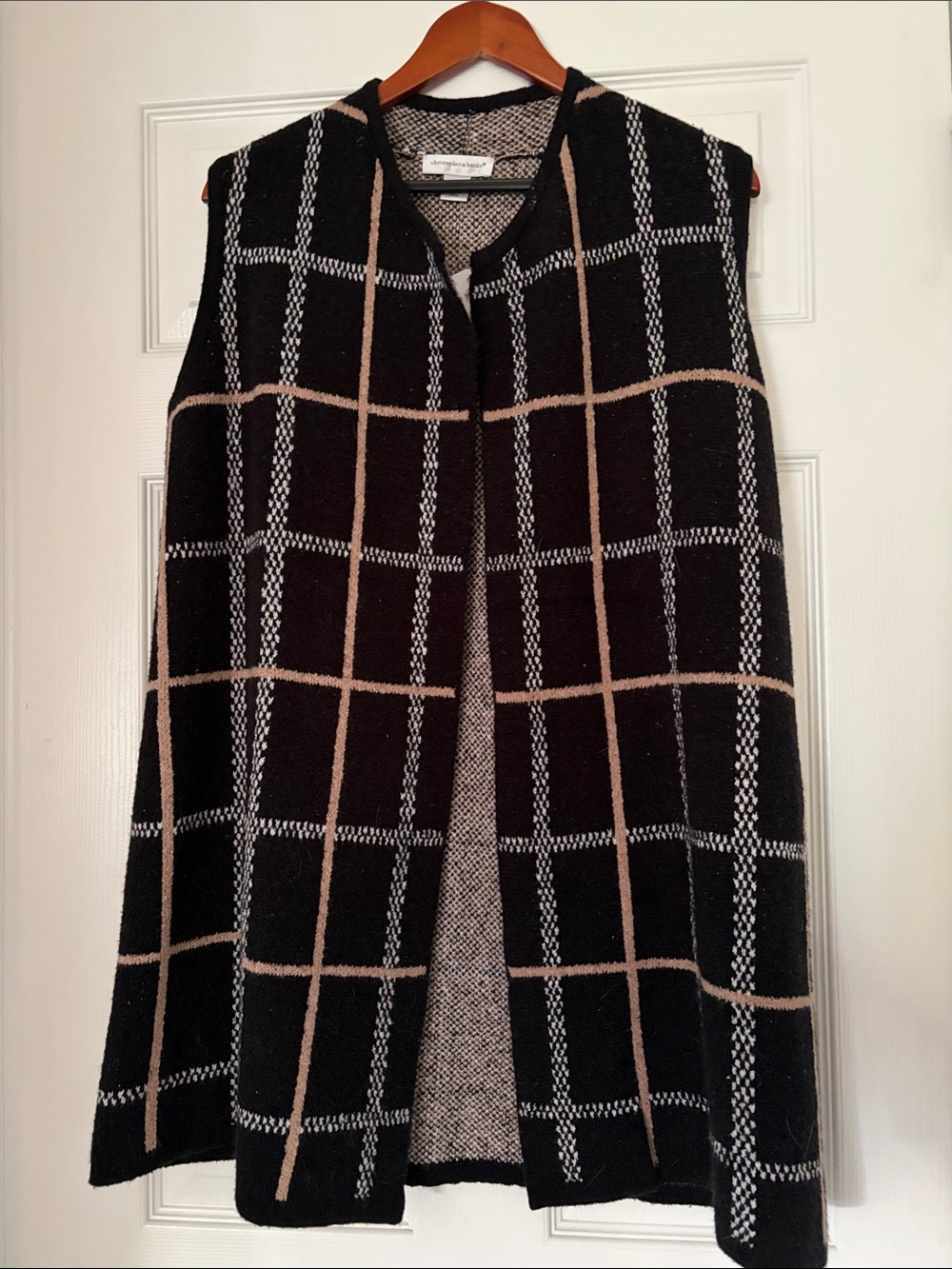 Christopher & Banks Black Windowpane Open-Front Knit Vest with Tan Accents NWT